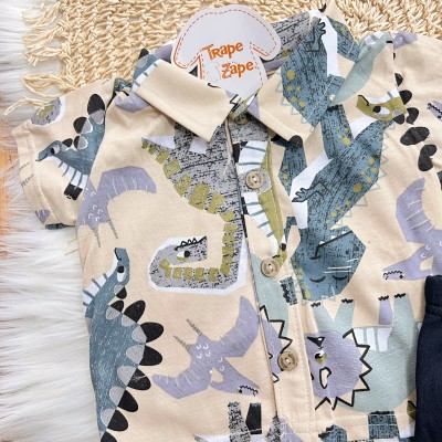 Conj. Camisa Dinossauros Geométricos e Bermuda - Verde e Preto